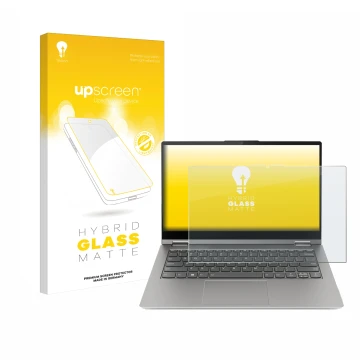 Front side of a product packaging with the brand logo upscreen. Next to it is the device Lenovo ThinkBook 14s Yoga G3 shown wi