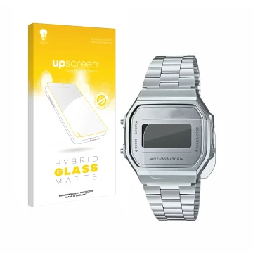 Front side of a product packaging with the brand logo upscreen. Next to it is the device Casio A168WEM-7EF shown with the corr