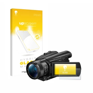 Front side of a product packaging with the brand logo upscreen. Next to it is the device Sony FDR-AX700 shown with the corresp