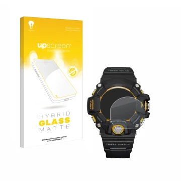 Front side of a product packaging with the brand logo upscreen. Next to it is the device Casio G-Shock GW-9400Y-1 shown with t