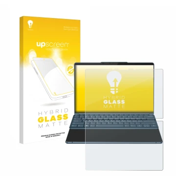 Front side of a product packaging with the brand logo upscreen. Next to it is the device Lenovo Yoga Book 9i Gen 8 shown with 