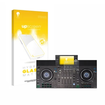 Front side of a product packaging with the brand logo upscreen. Next to it is the device Denon DJ SC LIVE 4 shown with the cor