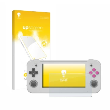 Front side of a product packaging with the brand logo upscreen. Next to it is the device Anbernic RG505 shown with the corresp