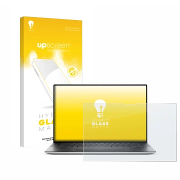 Front side of a product packaging with the brand logo upscreen. Next to it is the device Dell XPS 15 9530 Touch shown with the