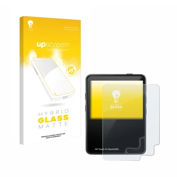 Front side of a product packaging with the brand logo upscreen. Next to it is the device HifiWalker H2 touch shown with the co