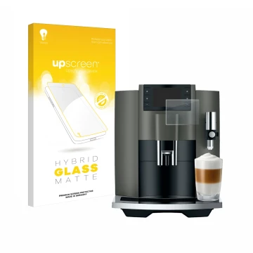 Front side of a product packaging with the brand logo upscreen. Next to it is the device Jura E8 (EC) shown with the correspon