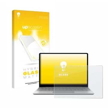 Front side of a product packaging with the brand logo upscreen. Next to it is the device Microsoft Surface Laptop Go 3 Busines