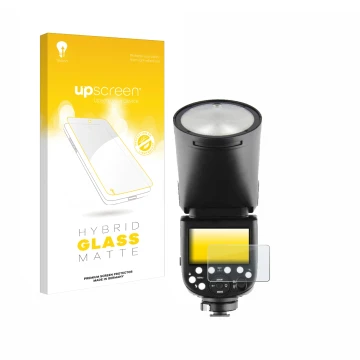 Front side of a product packaging with the brand logo upscreen. Next to it is the device Godox V1 shown with the corresponding