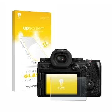 Front side of a product packaging with the brand logo upscreen. Next to it is the device Panasonic Lumix DC-S5M2X shown with t