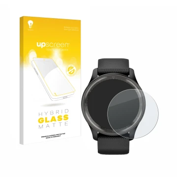 Front side of a product packaging with the brand logo upscreen. Next to it is the device Garmin Vivomove Trend shown with the 