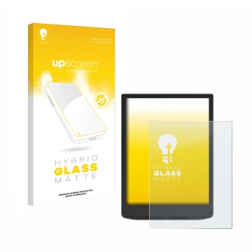 Front side of a product packaging with the brand logo upscreen. Next to it is the device PocketBook InkPad Color 3 shown with 