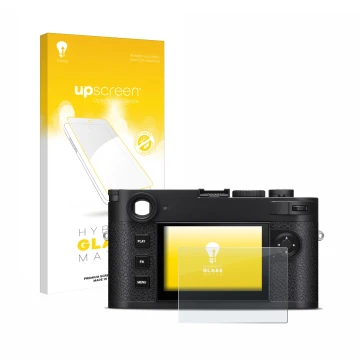 Front side of a product packaging with the brand logo upscreen. Next to it is the device Leica M11-P shown with the correspond