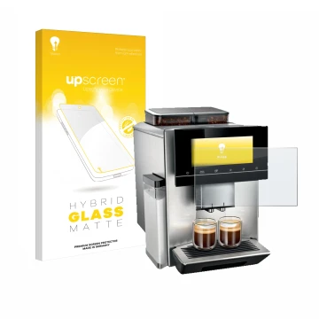 Front side of a product packaging with the brand logo upscreen. Next to it is the device Siemens EQ900 TQ907D03 shown with the