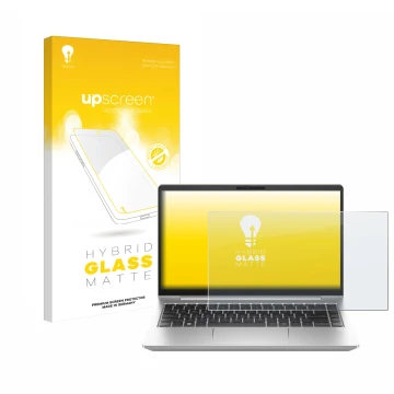 Front side of a product packaging with the brand logo upscreen. Next to it is the device HP ProBook 445 G10 shown with the cor