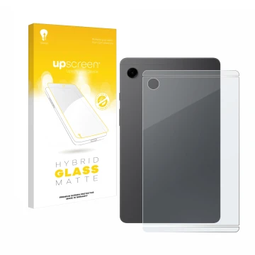 Front side of a product packaging with the brand logo upscreen. Next to it is the device Samsung Galaxy Tab A9 WiFi (Back) sho