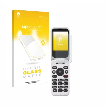 Front side of a product packaging with the brand logo upscreen. Next to it is the device Doro 6820 shown with the correspondin