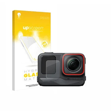 Front side of a product packaging with the brand logo upscreen. Next to it is the device Insta360 Ace Pro (Front display) show