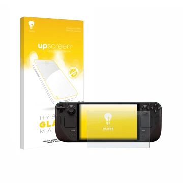 Front side of a product packaging with the brand logo upscreen. Next to it is the device Valve Steam Deck OLED shown with the 