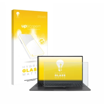 Front side of a product packaging with the brand logo upscreen. Next to it is the device ASUS Vivobook 15 OLED shown with the 