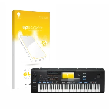 Front side of a product packaging with the brand logo upscreen. Next to it is the device Yamaha Genos2 shown with the correspo