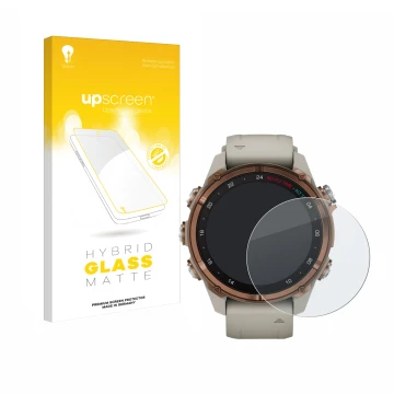 Front side of a product packaging with the brand logo upscreen. Next to it is the device Garmin Descent Mk3 (43 mm) shown with
