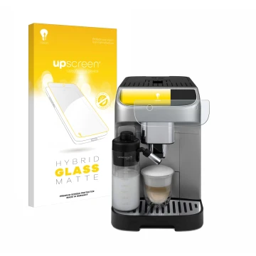 Front side of a product packaging with the brand logo upscreen. Next to it is the device DeLonghi Magnifica Plus shown with th