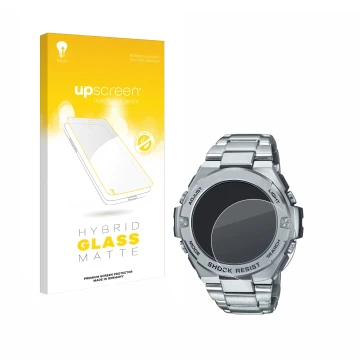 Front side of a product packaging with the brand logo upscreen. Next to it is the device Casio G-Shock GST-B500D-1A shown with