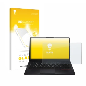Front side of a product packaging with the brand logo upscreen. Next to it is the device Fujitsu Lifebook E5412 shown with the