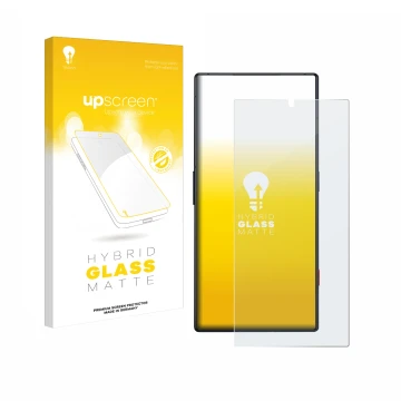 Front side of a product packaging with the brand logo upscreen. Next to it is the device ZTE Nubia Red Magic 8 Pro shown with 