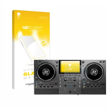 Front side of a product packaging with the brand logo upscreen. Next to it is the device Numark Mixstream Pro Go shown with th