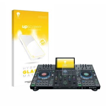 Front side of a product packaging with the brand logo upscreen. Next to it is the device Denon DJ Prime 4+ shown with the corr
