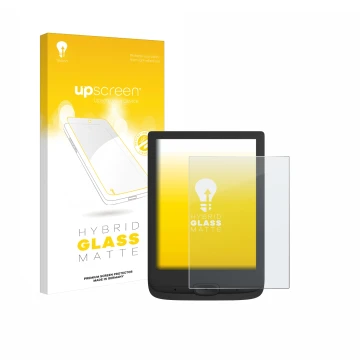 Front side of a product packaging with the brand logo upscreen. Next to it is the device PocketBook Basic Lux 4 shown with the