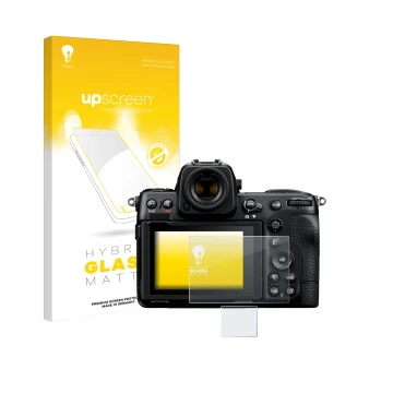 Front side of a product packaging with the brand logo upscreen. Next to it is the device Nikon Z 8 (Display + top plate displa