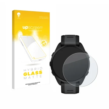 Front side of a product packaging with the brand logo upscreen. Next to it is the device Garmin Forerunner 165 shown with the 