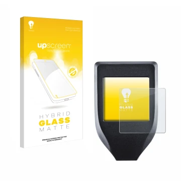 Front side of a product packaging with the brand logo upscreen. Next to it is the device Trezor Model T shown with the corresp