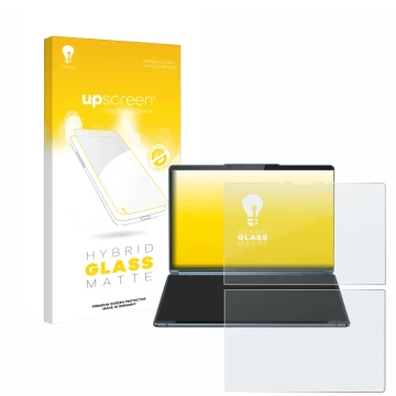 Front side of a product packaging with the brand logo upscreen. Next to it is the device Lenovo Yoga Book 9i Gen 9 shown with 