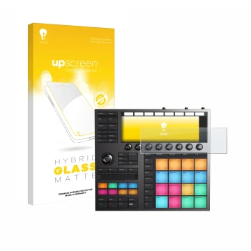 Front side of a product packaging with the brand logo upscreen. Next to it is the device Native Instruments Maschine + shown w