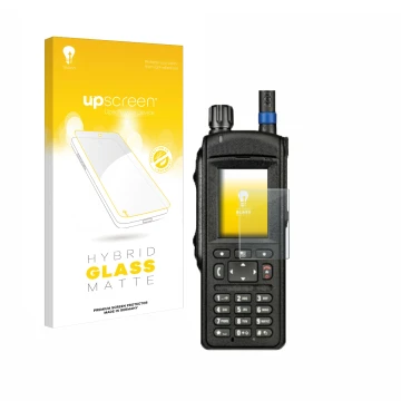 Front side of a product packaging with the brand logo upscreen. Next to it is the device Motorola MTP6650 shown with the corre