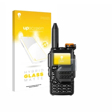 Front side of a product packaging with the brand logo upscreen. Next to it is the device Quansheng UV-K5 shown with the corres