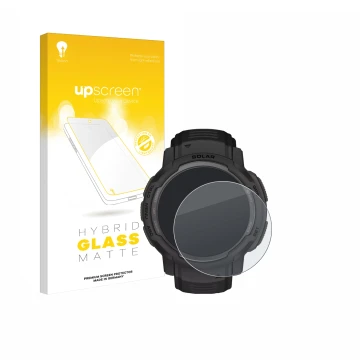 Front side of a product packaging with the brand logo upscreen. Next to it is the device Garmin Instinct Crossover Solar shown
