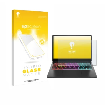 Front side of a product packaging with the brand logo upscreen. Next to it is the device HP Omen Transcend 14 shown with the c