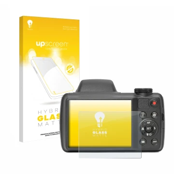 Front side of a product packaging with the brand logo upscreen. Next to it is the device Kodak Pixpro AZ528 shown with the cor