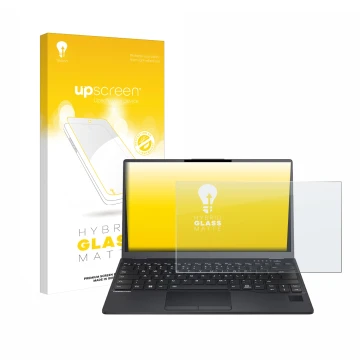Front side of a product packaging with the brand logo upscreen. Next to it is the device Fujitsu Lifebook U9312 shown with the