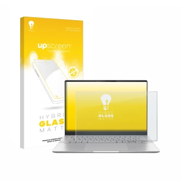 Front side of a product packaging with the brand logo upscreen. Next to it is the device ASUS Vivobook S 14 OLED M5406 shown w