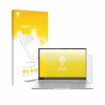 Front side of a product packaging with the brand logo upscreen. Next to it is the device ASUS Vivobook S16 OLED M5606 shown wi