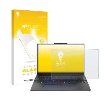 Front side of a product packaging with the brand logo upscreen. Next to it is the device Lenovo ThinkPad E16 Gen 2 shown with 