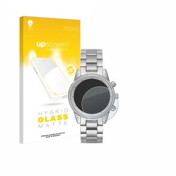 Front side of a product packaging with the brand logo upscreen. Next to it is the device Michael Kors Ritz MK6428 shown with t