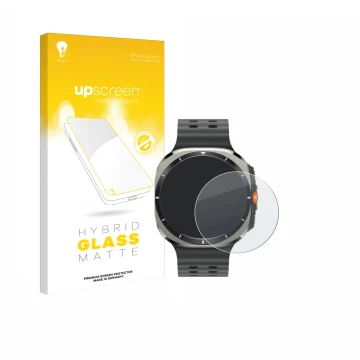 Front side of a product packaging with the brand logo upscreen. Next to it is the device Samsung Galaxy Watch Ultra (47 mm) sh