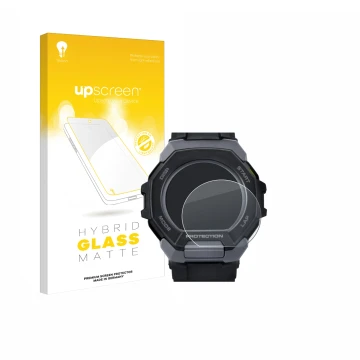 Front side of a product packaging with the brand logo upscreen. Next to it is the device Casio G-Shock G-Squad GBD-300 shown w