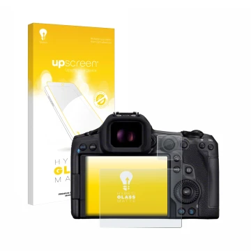 Front side of a product packaging with the brand logo upscreen. Next to it is the device Canon EOS R5 Mark II shown with the c